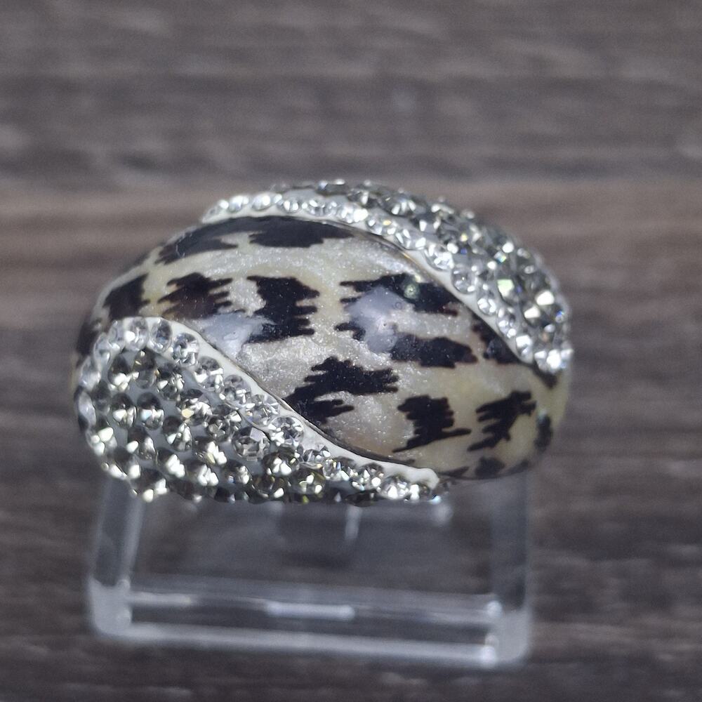 925 Sterling Silver Leopard Print Enamel Crystal Dome Cocktail Ring Size 6